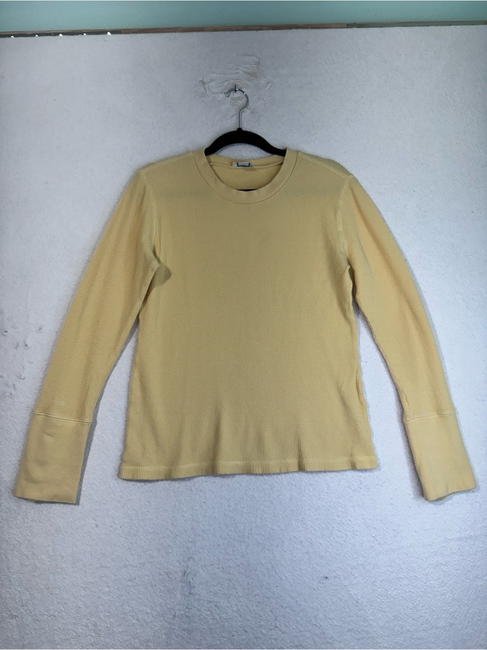 Sundance Women’s Cotton Thermal Crewneck Top Pale Butter Yellow Button Trim Med